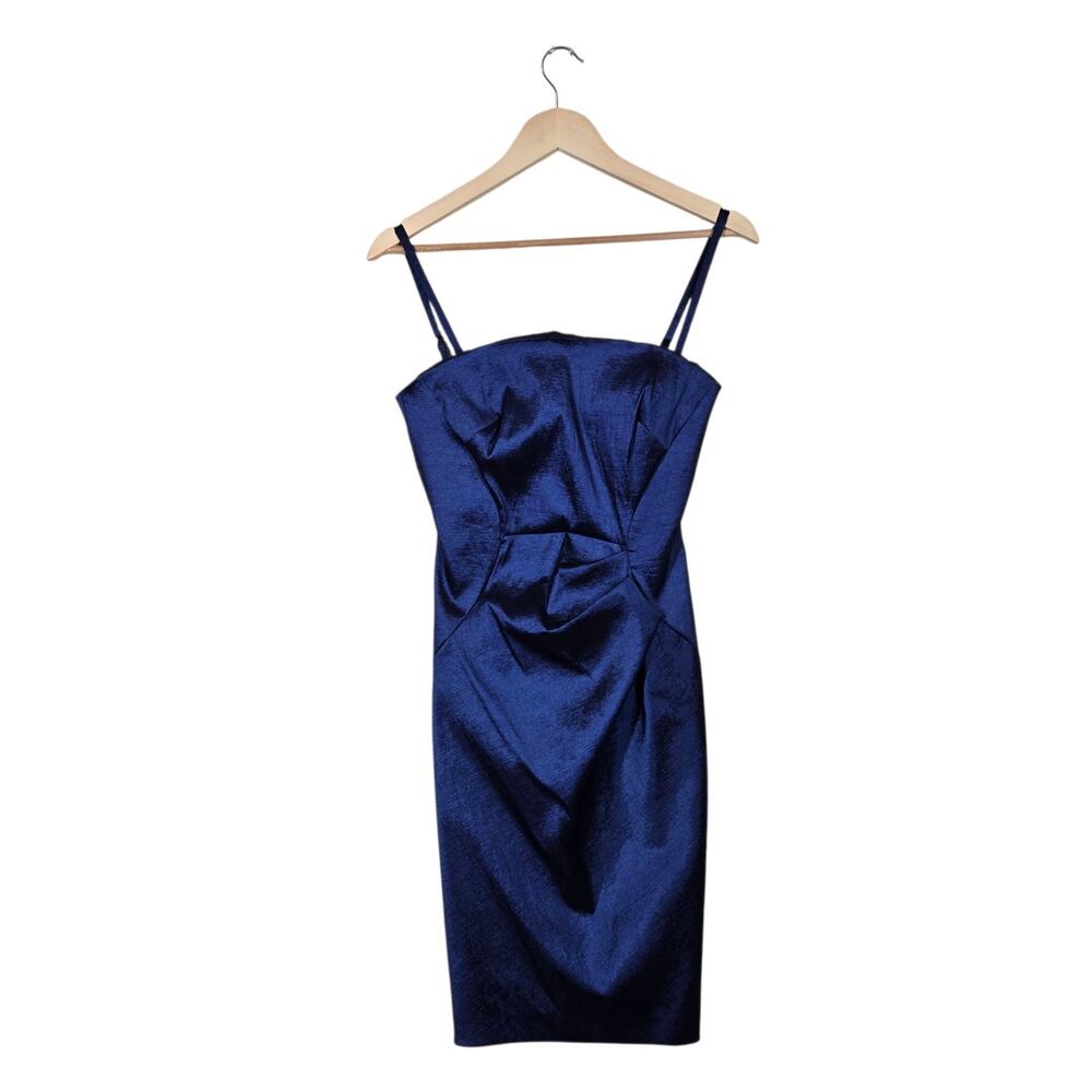 Calvin Klein Satin Cocktail Dress 4 Blue Ruched Sheath Coquette Elegant